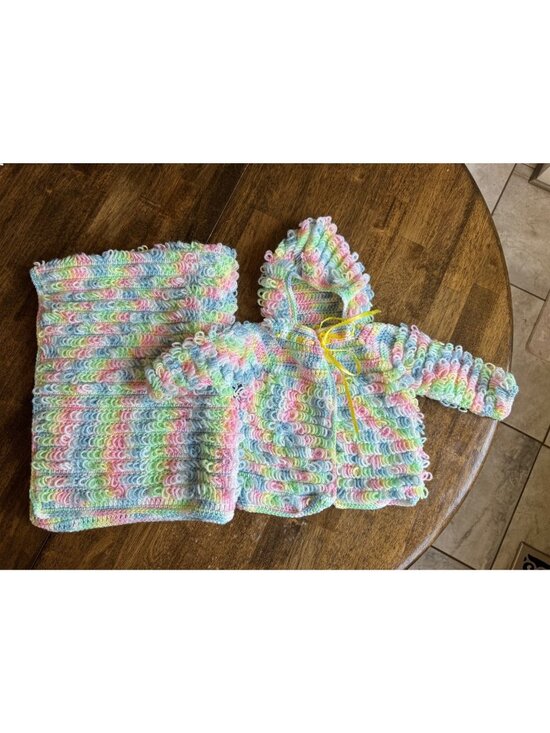 Handmade Other - Handmade Crochet Baby Cardigan Sweater & Blanket Set Multicolor Pastel Looped Kn
